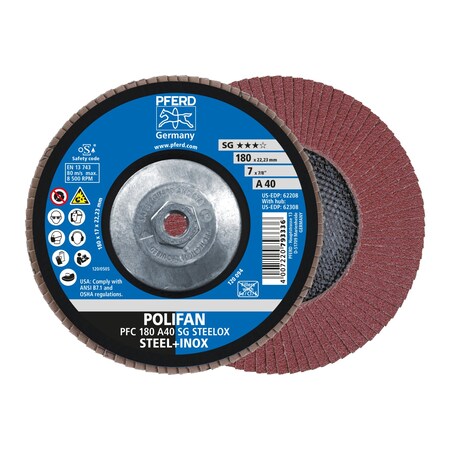 Pferd 7" x 5/8-11 Thd. POLIFAN Flap Disc - A SG STEELOX, Aluminum oxide, 40 Grit, Conical 62308